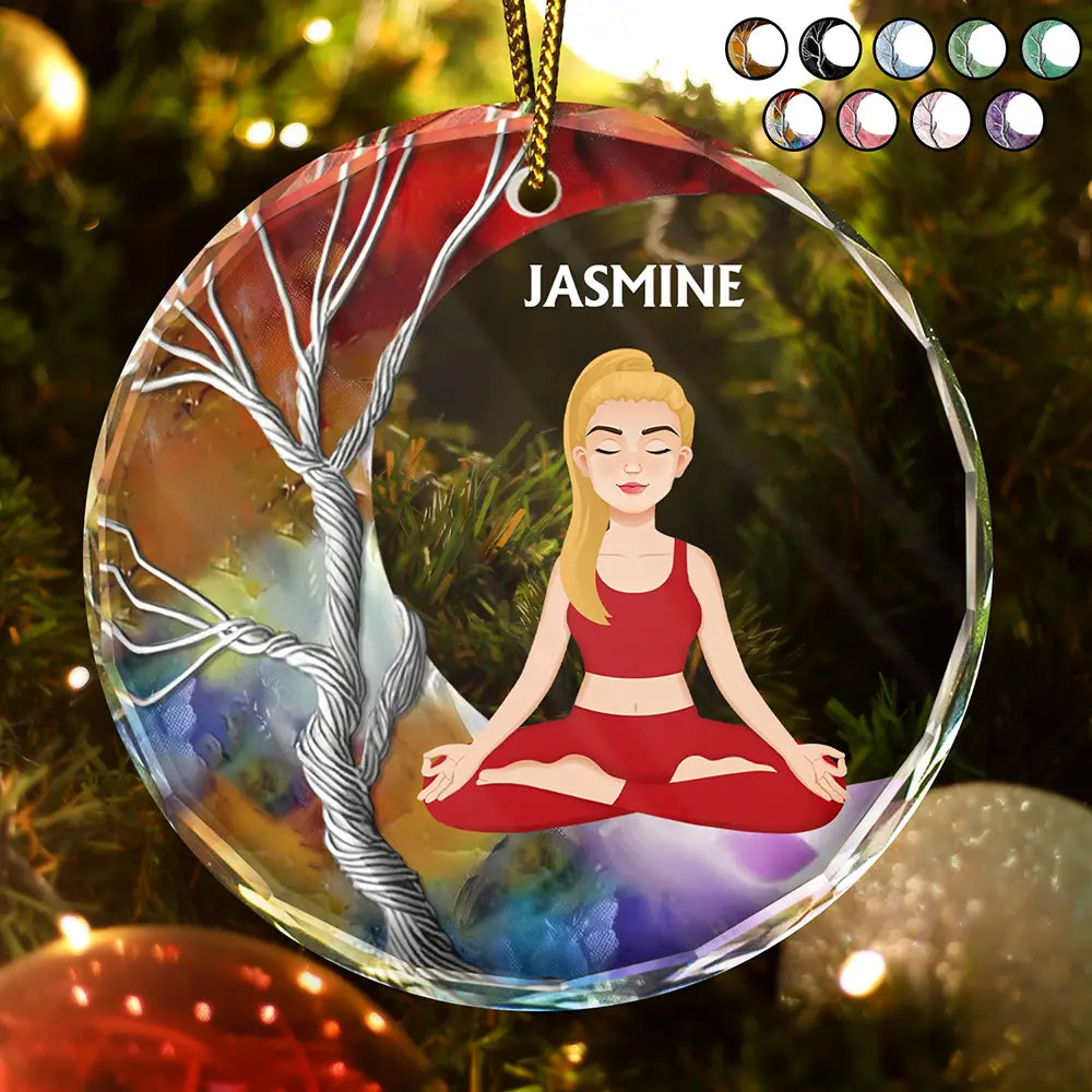 Yoga, Gift For Yourself - Tree Of Life Crescent Moon Yoga - Personalized Circle Glass Ornament