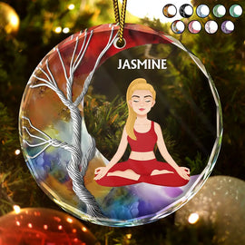 Yoga, Gift For Yourself - Tree Of Life Crescent Moon Yoga - Personalized Circle Glass Ornament