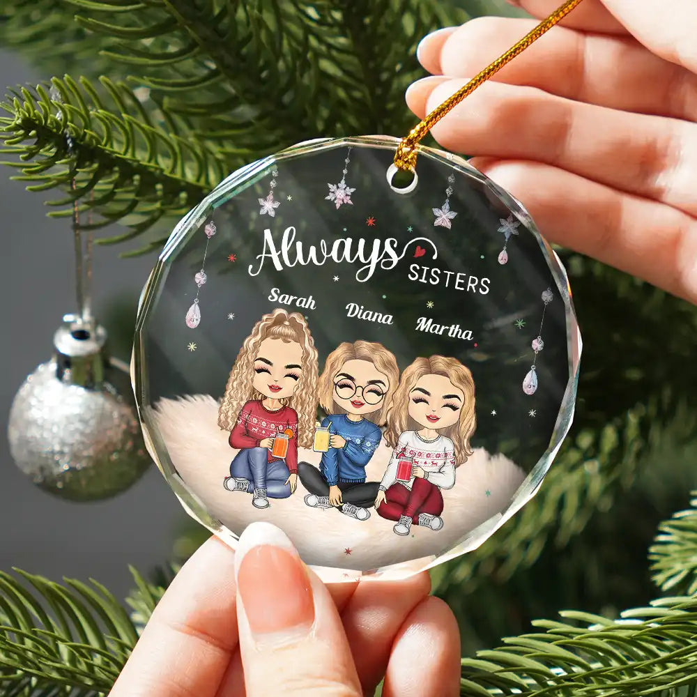 Gift For Bestie, Gift For Sisters - Always Besties Sisters Chibi - Personalized Circle Glass Ornament