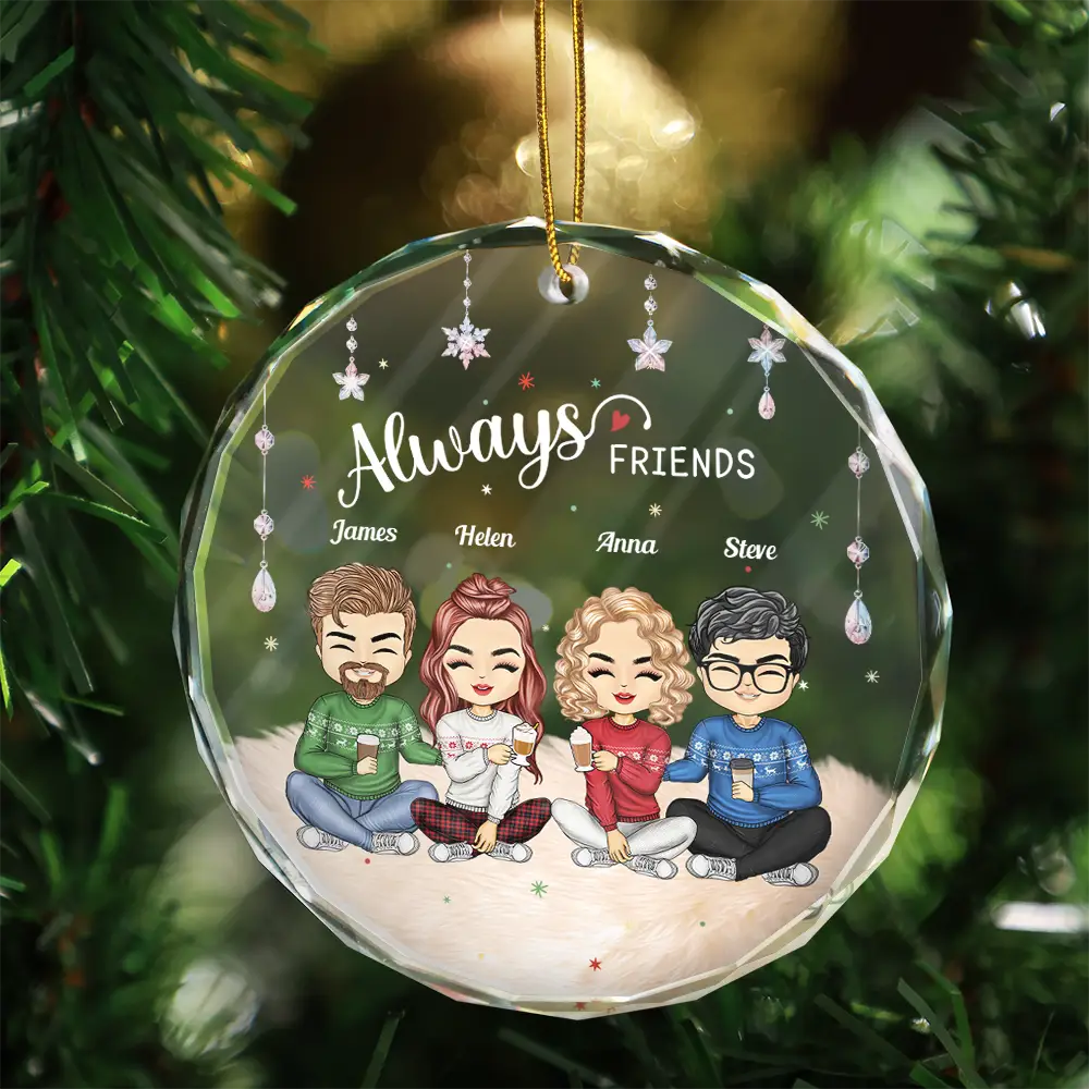 Gift For Bestie, Gift For Sisters - Always Besties Sisters Chibi - Personalized Circle Glass Ornament