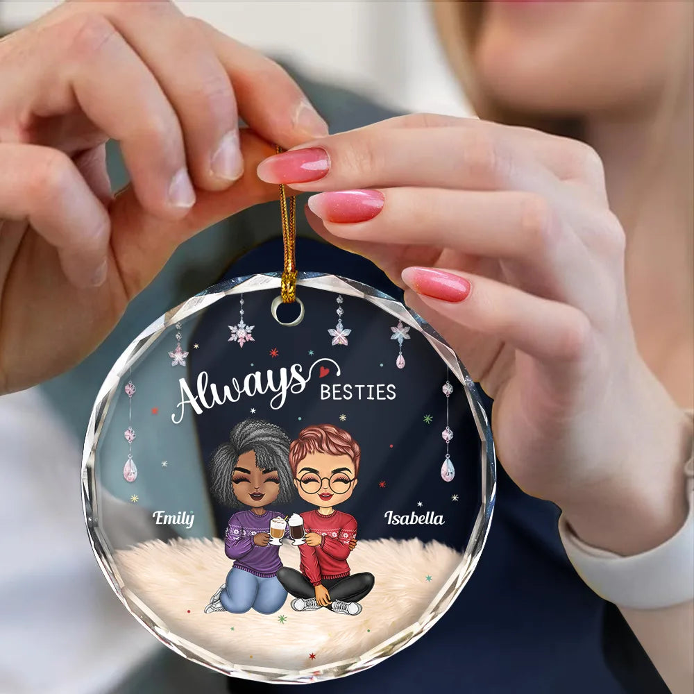 Gift For Bestie, Gift For Sisters - Always Besties Sisters Chibi - Personalized Circle Glass Ornament