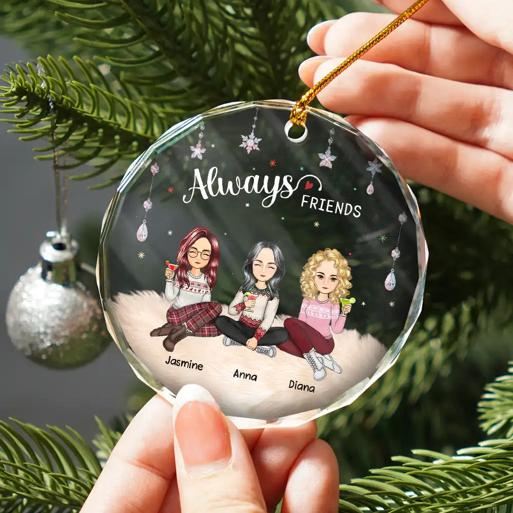 Christmas,Gift For Bestie,Gift For Sisters,Happy,Custom Photo - Always Besties Sisters Cartoon - Personalized Circle Glass Ornament