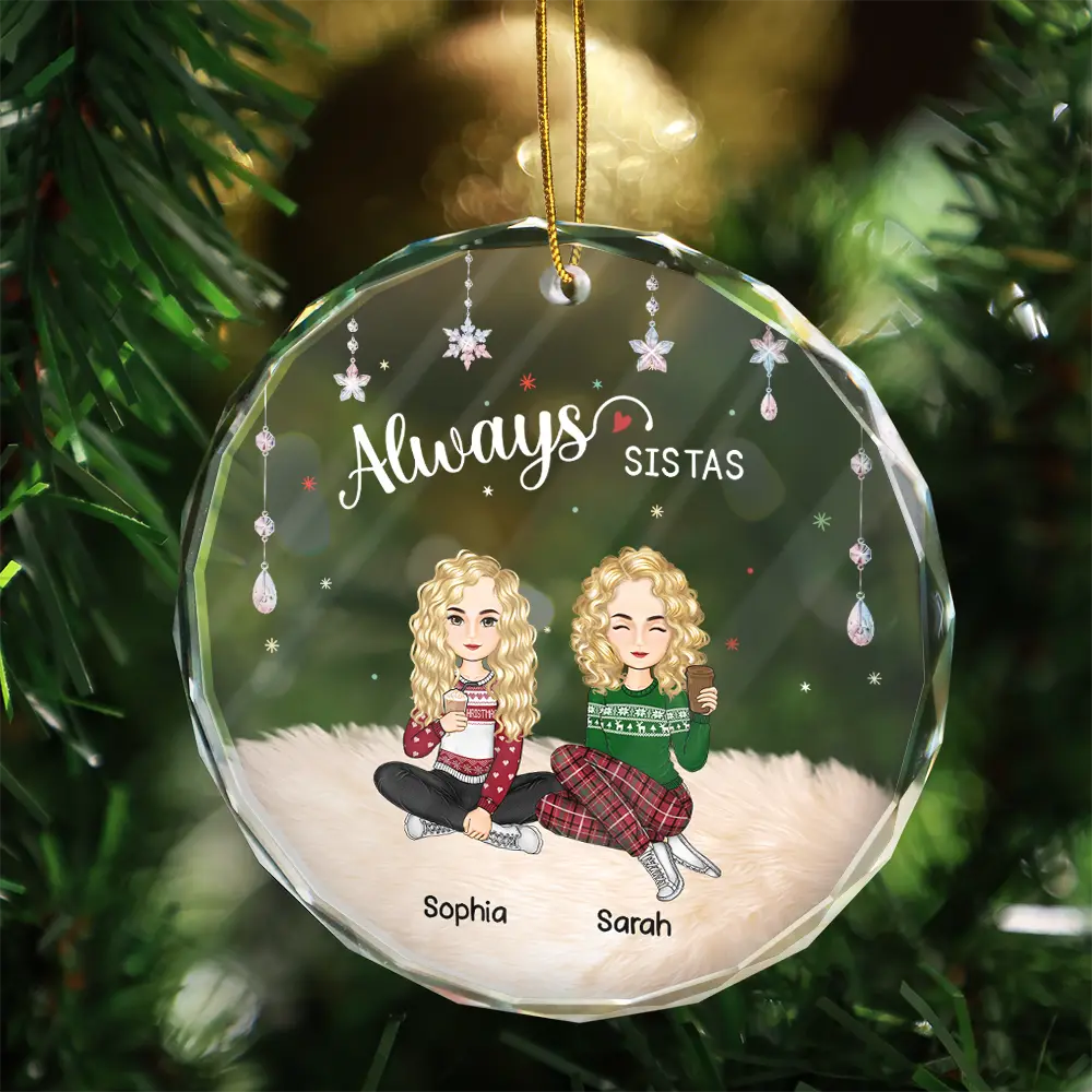 Christmas,Gift For Bestie,Gift For Sisters,Happy,Custom Photo - Always Besties Sisters Cartoon - Personalized Circle Glass Ornament