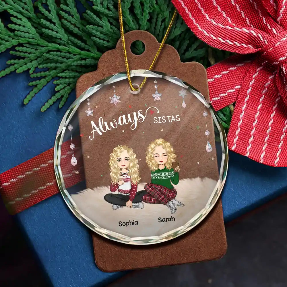 Christmas,Gift For Bestie,Gift For Sisters,Happy,Custom Photo - Always Besties Sisters Cartoon - Personalized Circle Glass Ornament