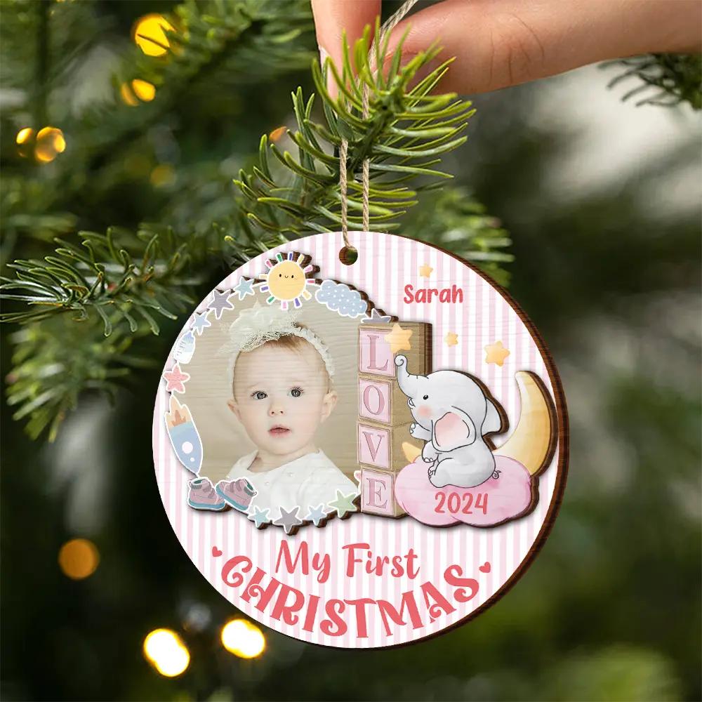 Christmas,Gift For Kids,Custom Photo,Happy - Custom Photo First Christmas - Personalized 2-Layered Wooden Ornament