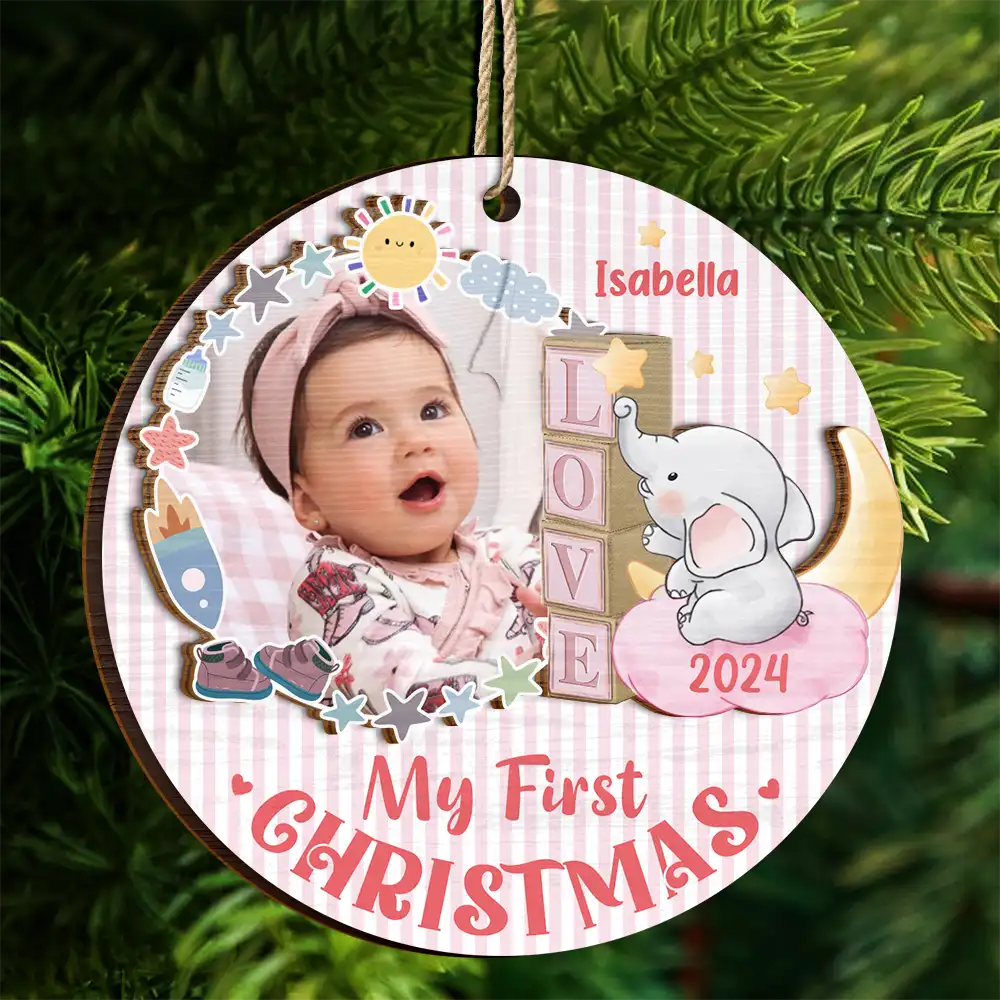 Christmas,Gift For Kids,Custom Photo,Happy - Custom Photo First Christmas - Personalized 2-Layered Wooden Ornament