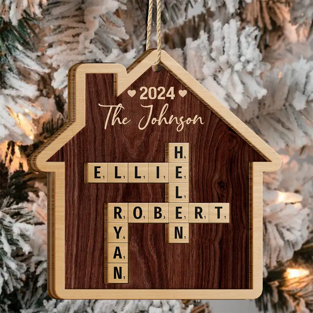 Family,Christmas,Happy - Family House Shape Crossword Scrabble - Personalized 2-Layered Wooden Ornament