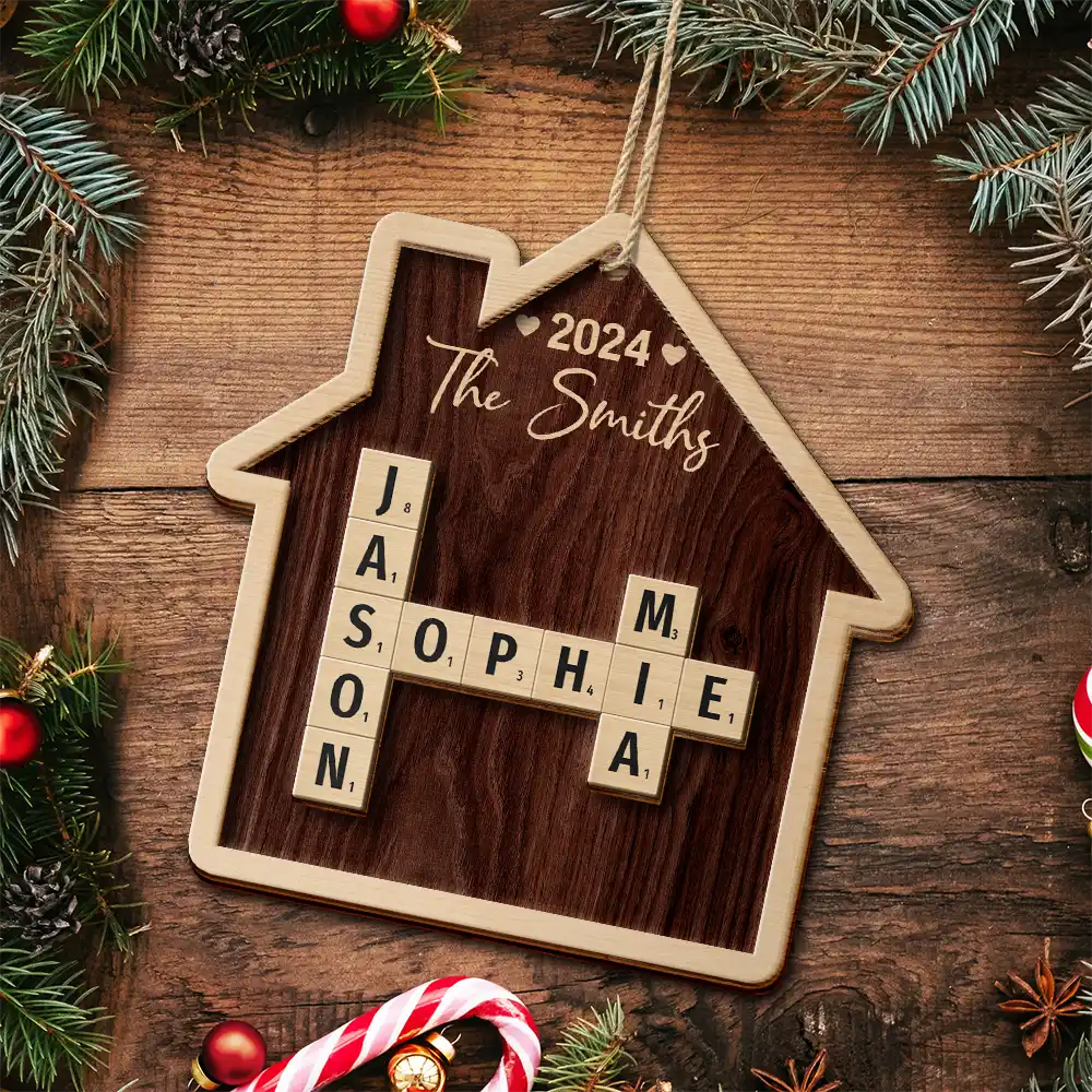 Family,Christmas,Happy - Family House Shape Crossword Scrabble - Personalized 2-Layered Wooden Ornament