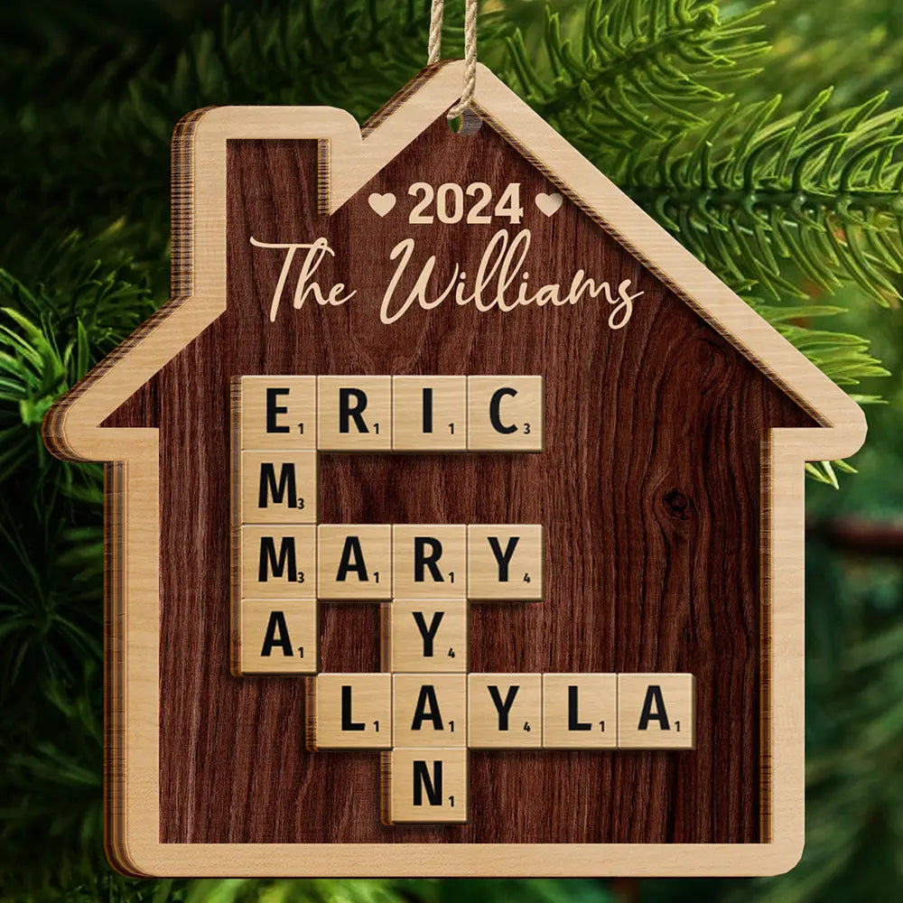 Family,Christmas,Happy - Family House Shape Crossword Scrabble - Personalized 2-Layered Wooden Ornament