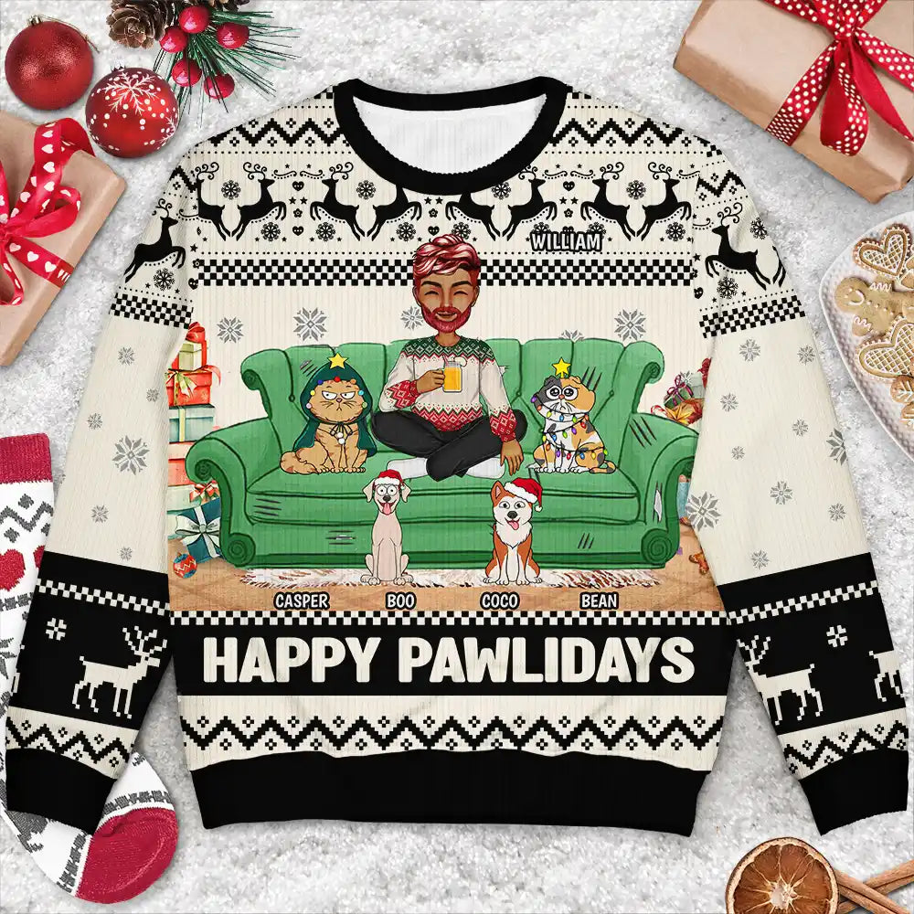 Christmas,Funny,Cat Mom,Cat Lovers - Happy Pawlidays Cartoon Girl - Personalized Unisex Ugly Sweater