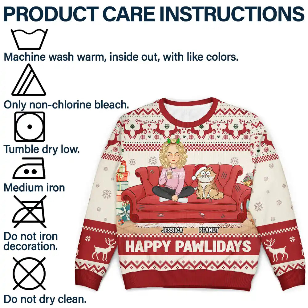 Christmas,Funny,Cat Mom,Cat Lovers - Happy Pawlidays Cartoon Girl - Personalized Unisex Ugly Sweater