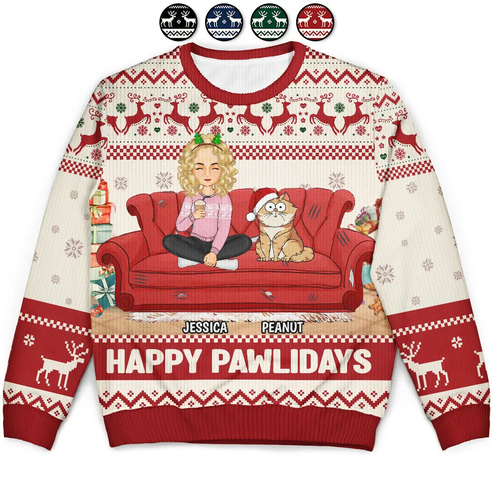 Christmas,Funny,Cat Mom,Cat Lovers - Happy Pawlidays Cartoon Girl - Personalized Unisex Ugly Sweater