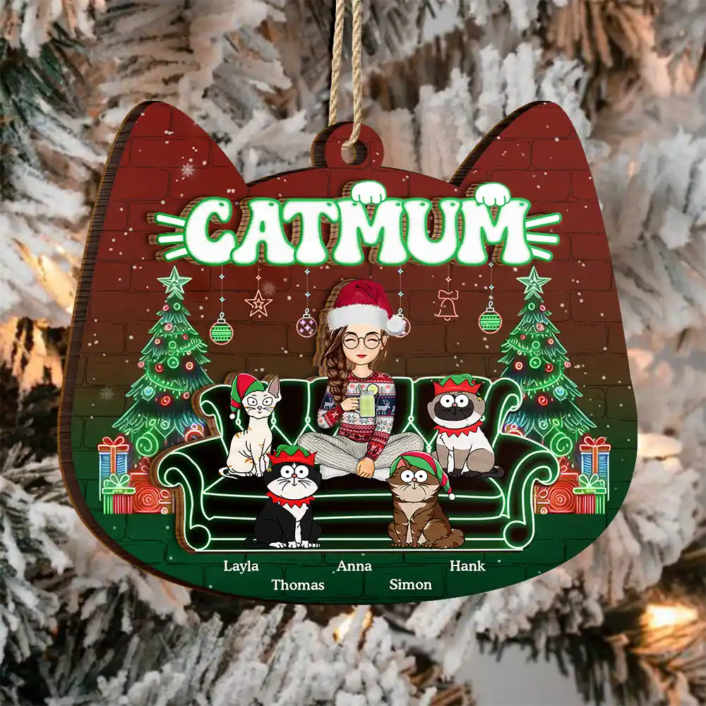 Cat Mom Neon Christmas Light Style - Personalized 2-Layered Wooden Ornament