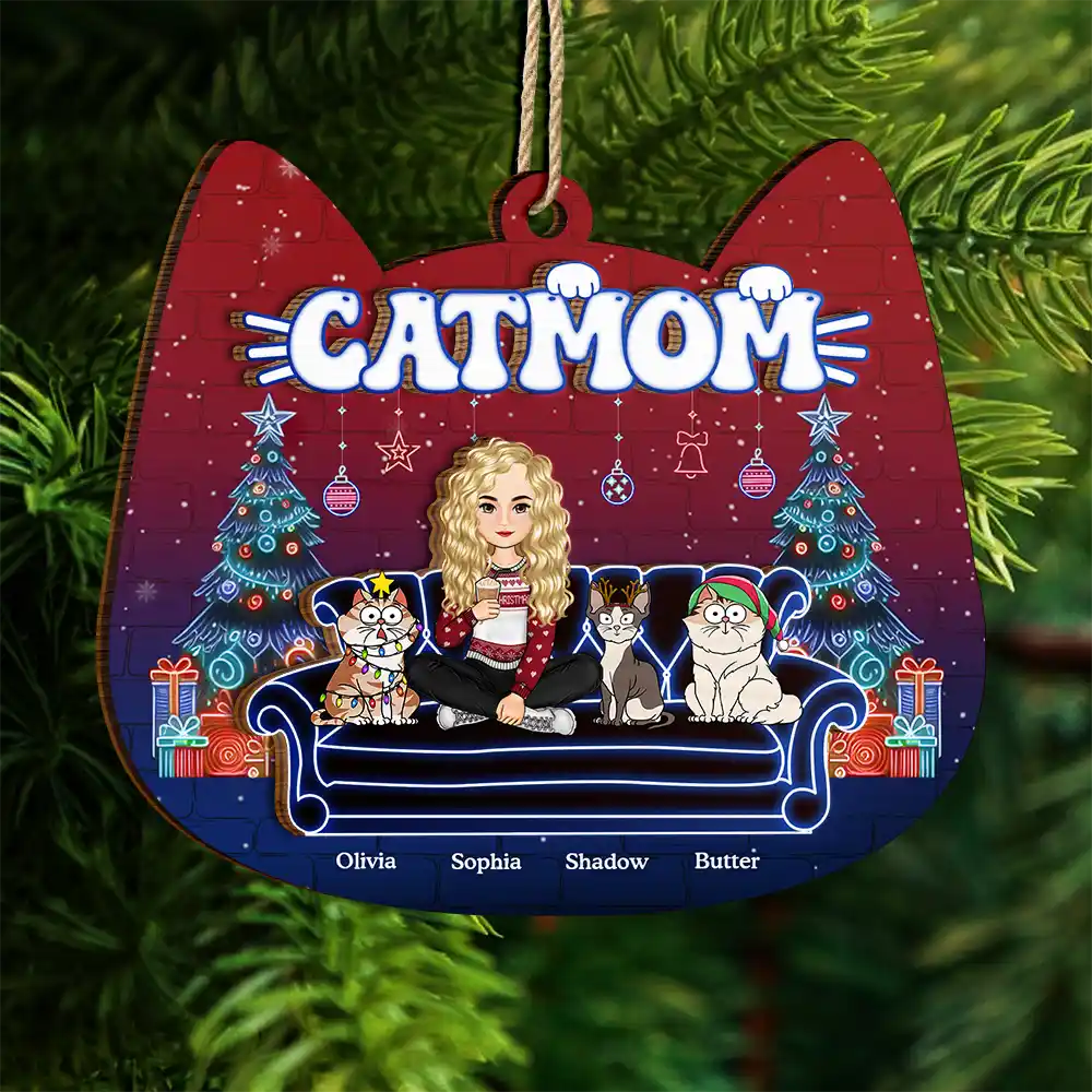 Cat Mom Neon Christmas Light Style - Personalized 2-Layered Wooden Ornament