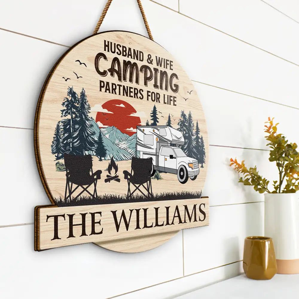 Gift For Couples, Camping, Campsite - Camping Partners For Life - Personalized Custom Shaped Wood Sign