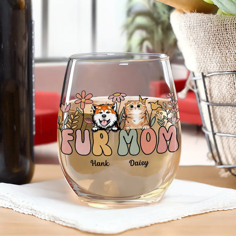 Pet Lovers,Dog Lovers,Cat Lovers,Happy - Dog Mom Cat Mom Retro Flowers - Personalized Stemless Wine Glass