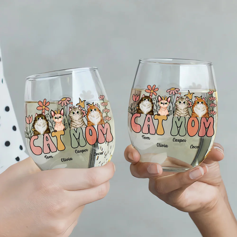 Pet Lovers,Dog Lovers,Cat Lovers,Happy - Dog Mom Cat Mom Retro Flowers - Personalized Stemless Wine Glass