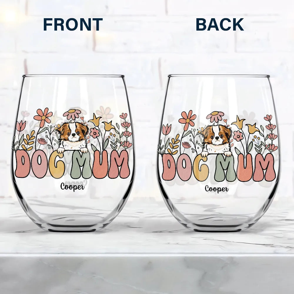 Pet Lovers,Dog Lovers,Cat Lovers,Happy - Dog Mom Cat Mom Retro Flowers - Personalized Stemless Wine Glass