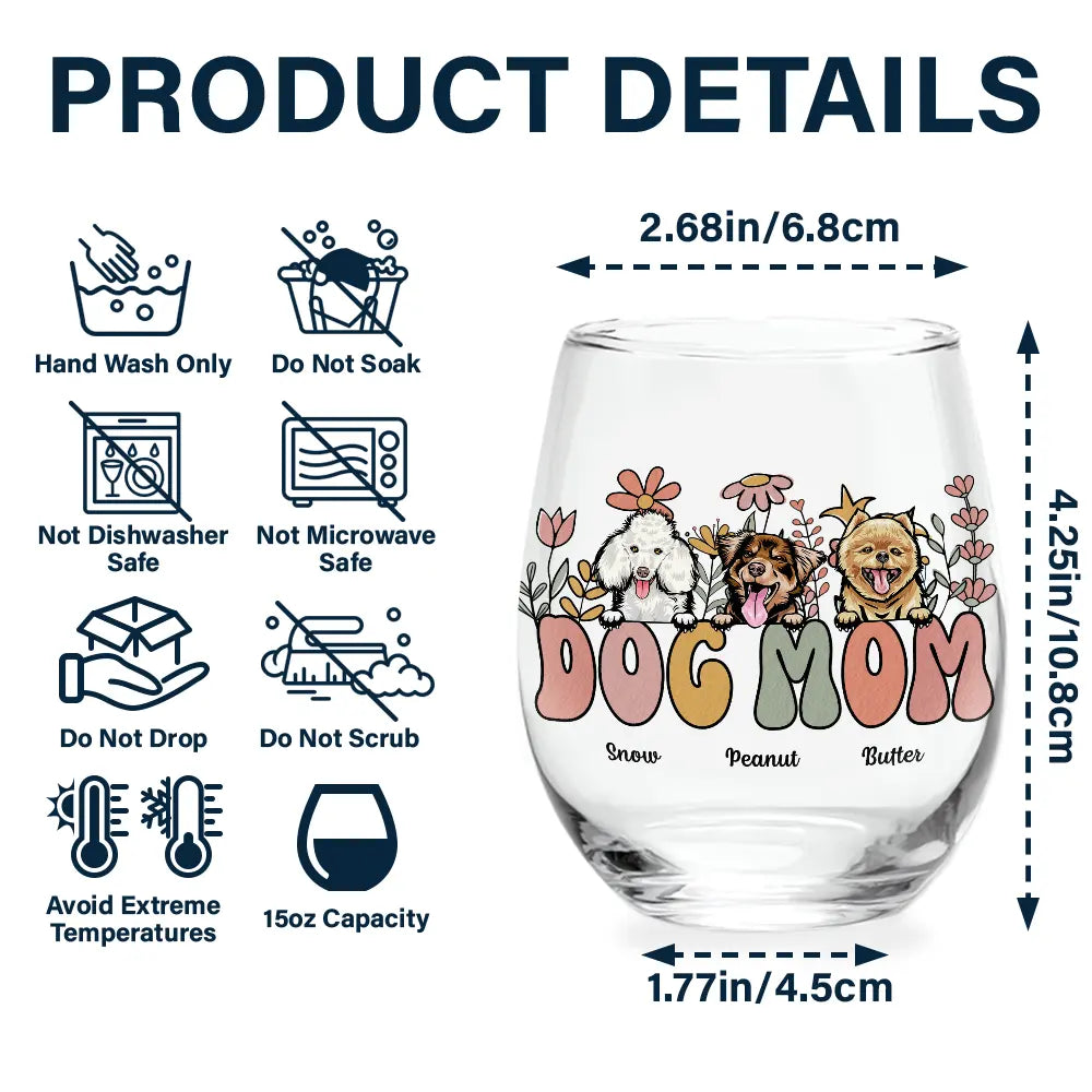 Pet Lovers,Dog Lovers,Cat Lovers,Happy - Dog Mom Cat Mom Retro Flowers - Personalized Stemless Wine Glass