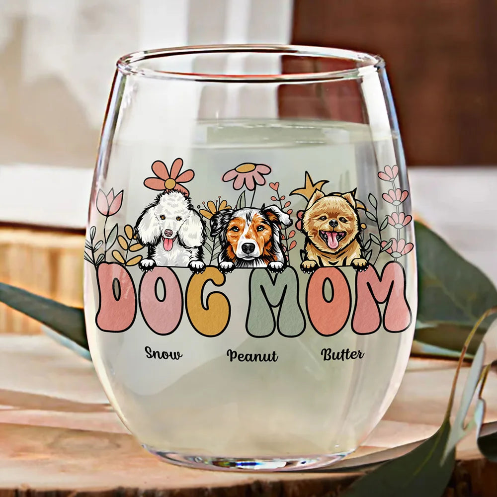 Pet Lovers,Dog Lovers,Cat Lovers,Happy - Dog Mom Cat Mom Retro Flowers - Personalized Stemless Wine Glass