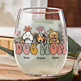 Pet Lovers,Dog Lovers,Cat Lovers,Happy - Dog Mom Cat Mom Retro Flowers - Personalized Stemless Wine Glass