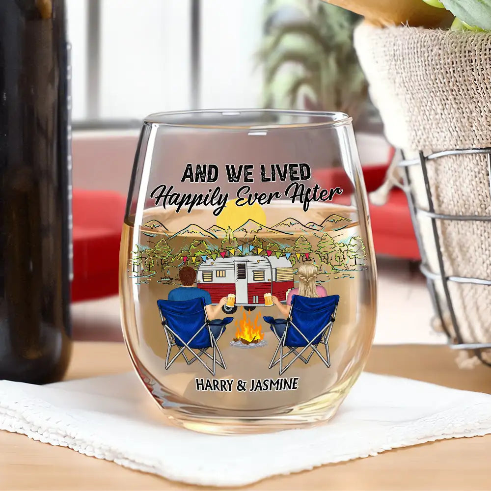 Campsite, Camping - Happy Camper - Personalized Stemless Wine Glass