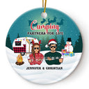 Camping Winter Christmas Couple Camping Partners For Life - Personalized Custom Circle Ceramic Ornament