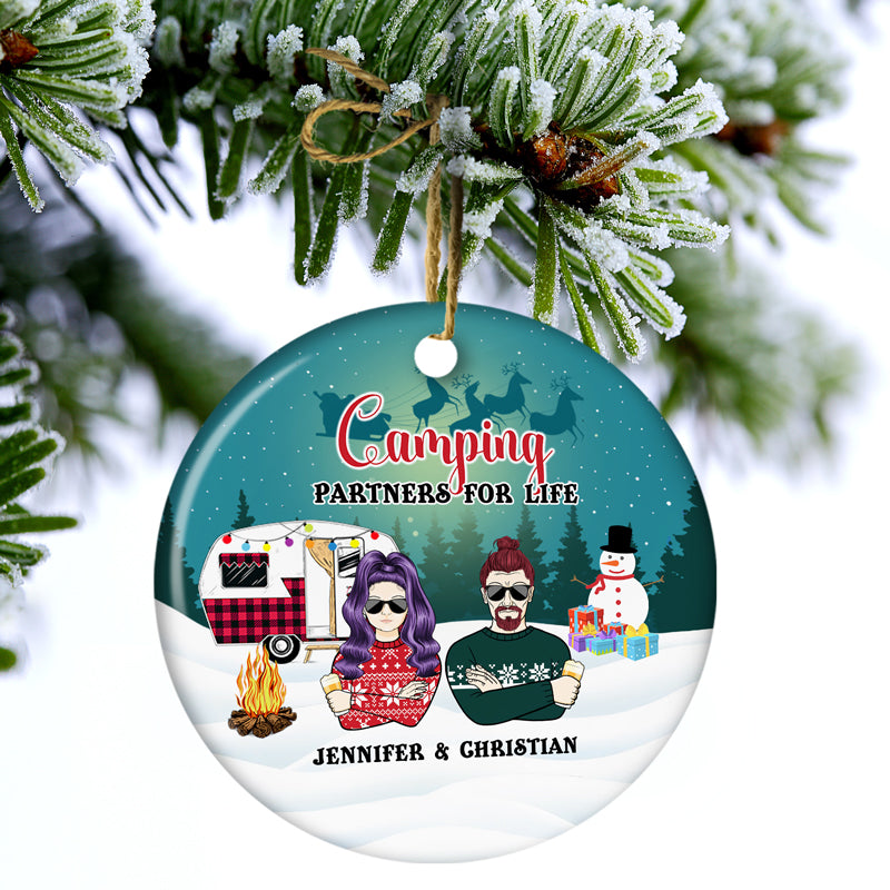 Camping Winter Christmas Couple Camping Partners For Life - Personalized Custom Circle Ceramic Ornament