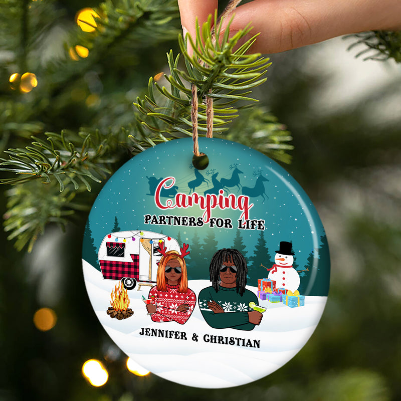 Camping Winter Christmas Couple Camping Partners For Life - Personalized Custom Circle Ceramic Ornament