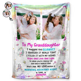 Custom Photo Grandma Mother Hugged This Soft Blanket - Gift For Granddaughter, Grandson, Kids - Personalized Fleece Blanket