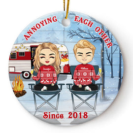 Camping Chibi Couple Christmas Annoying Each Other Since - Personalized Custom Circle Ceramic Ornament