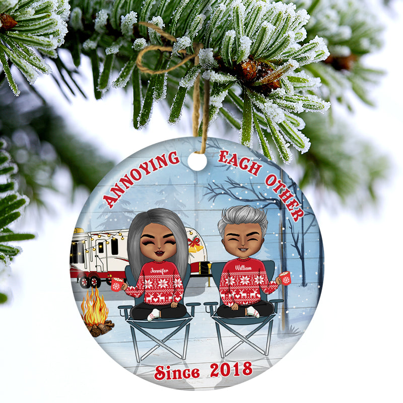 Camping Chibi Couple Christmas Annoying Each Other Since - Personalized Custom Circle Ceramic Ornament