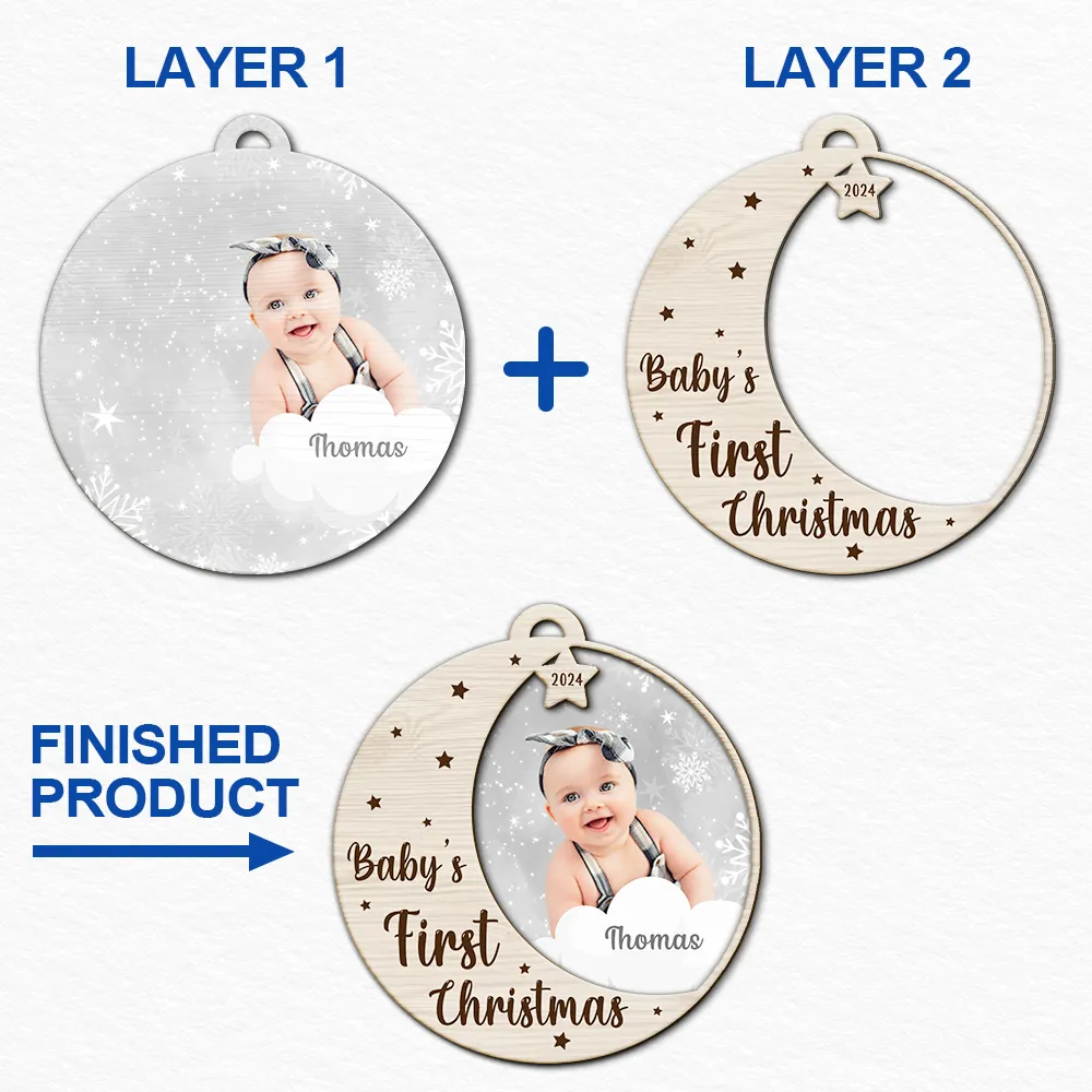 Custom Photo New Baby's First Christmas - Personalized 2-Layered Wooden Ornament