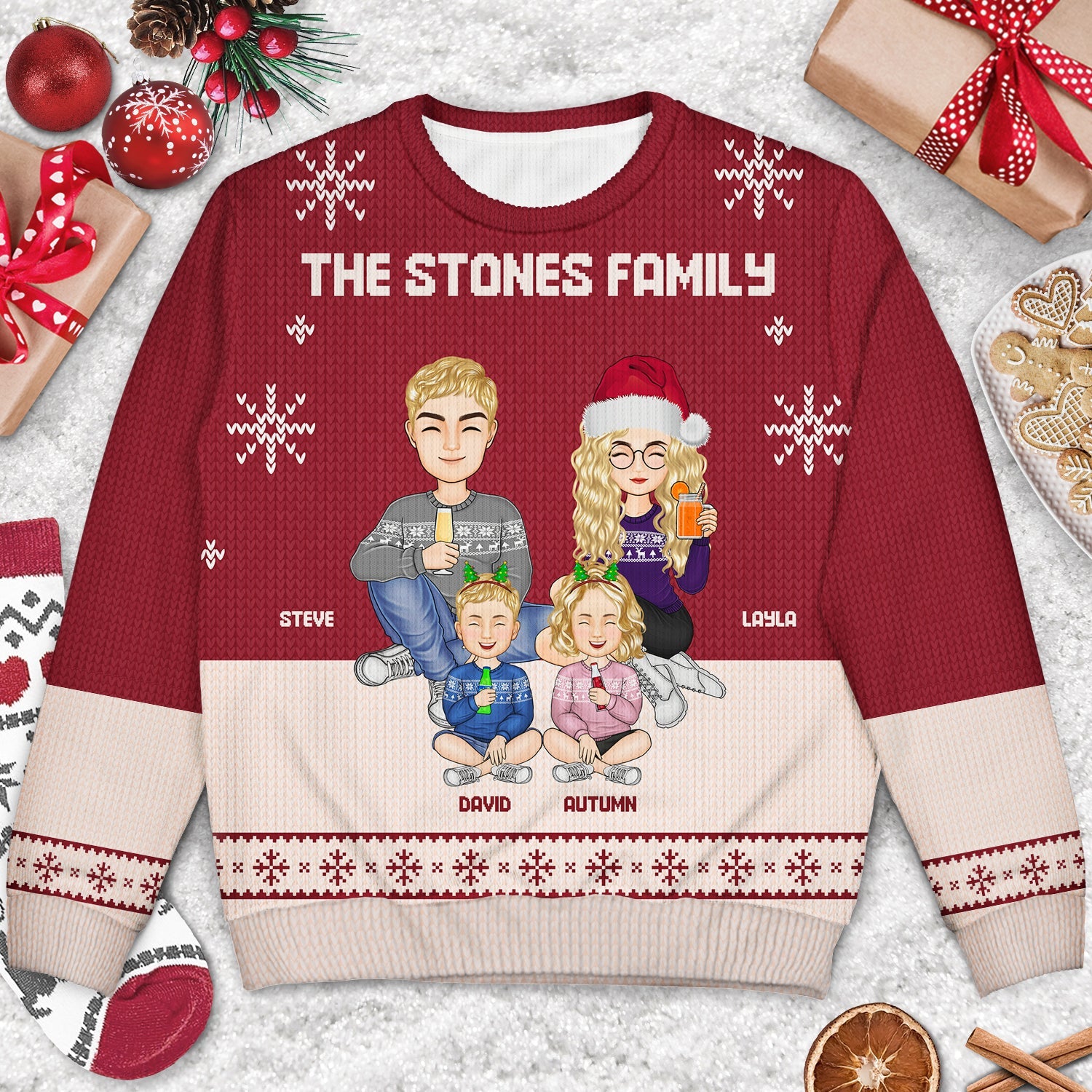 Cartoon Family Sitting - Christmas, Gift For Family - Personalized Unisex Ugly Sweater