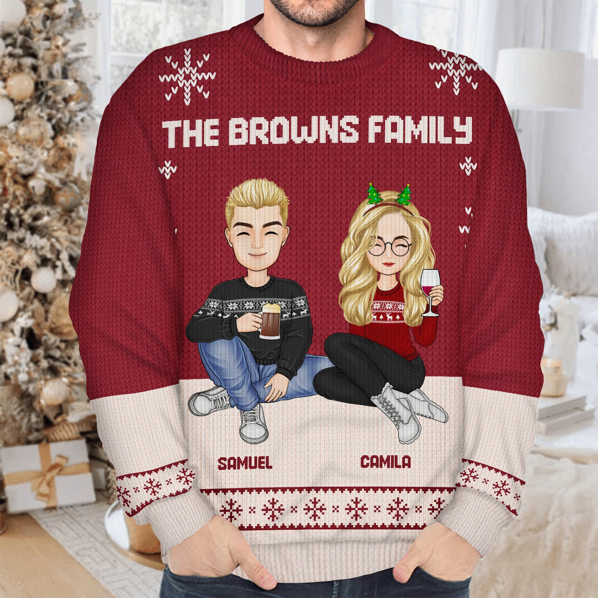 Cartoon Family Sitting - Christmas, Gift For Family - Personalized Unisex Ugly Sweater