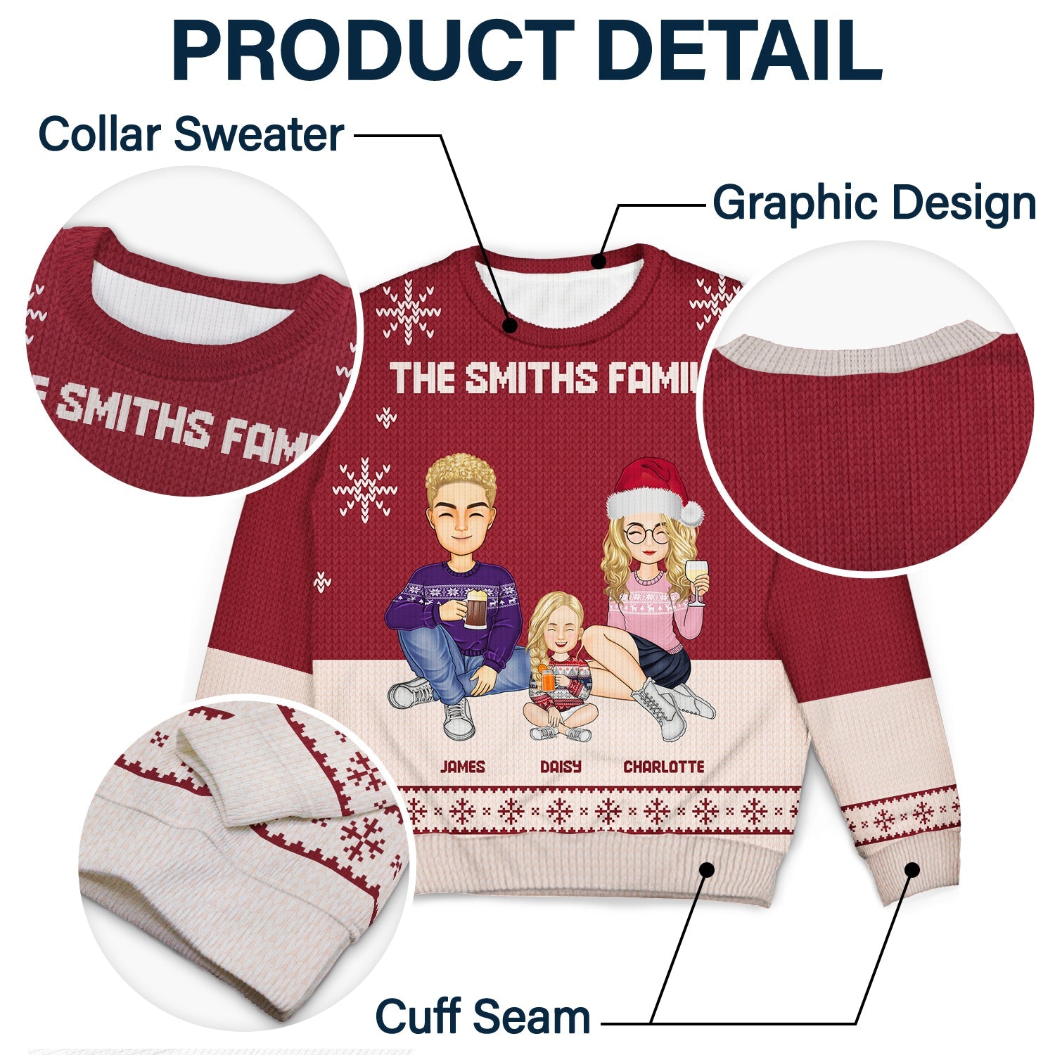 Cartoon Family Sitting - Christmas, Gift For Family - Personalized Unisex Ugly Sweater