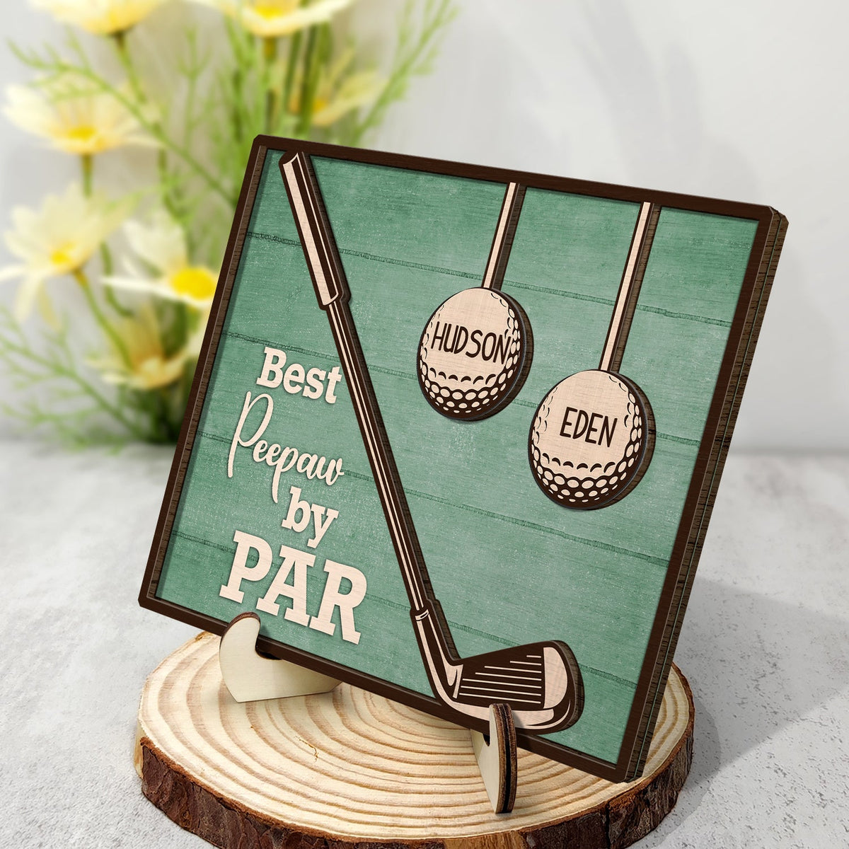 Best Dad Grandpa By Par - Gift For Father, Grandfather, Golf Lovers - Personalized 2-Layered Wooden Plaque With Stand