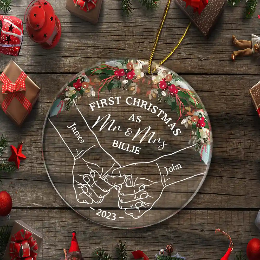 Holding Hands First Christmas Couple - Personalized Circle Acrylic Ornament