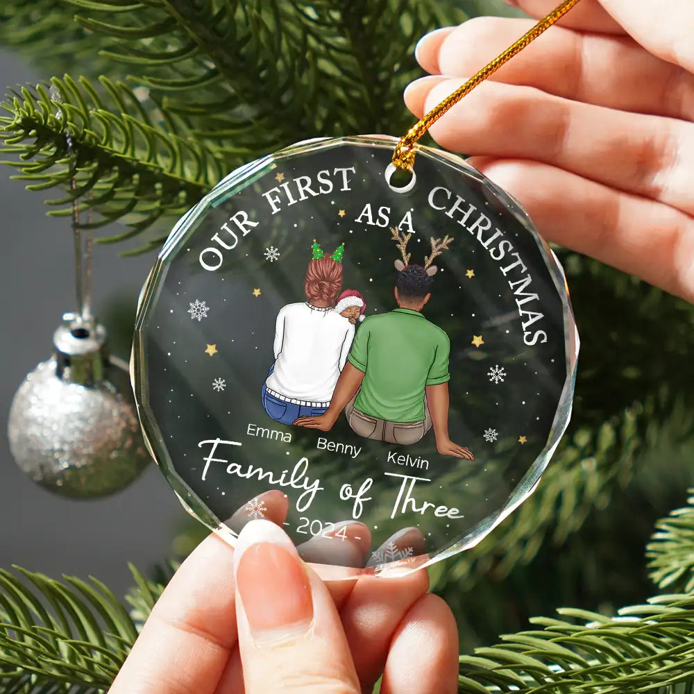 Family, Parents, New Baby - First Christmas As A Family Of Three New Parents - Personalized Circle Glass Ornament