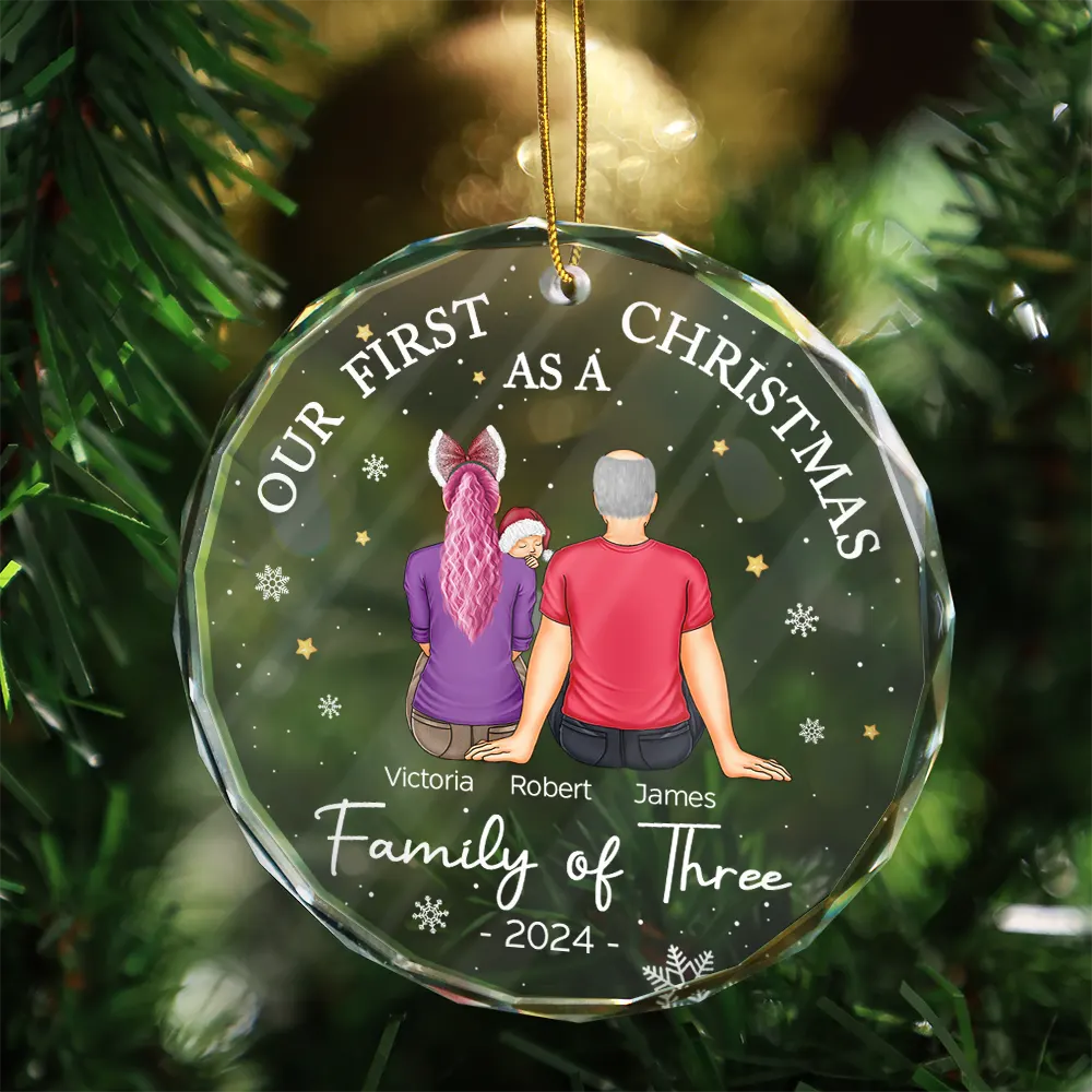 Family, Parents, New Baby - First Christmas As A Family Of Three New Parents - Personalized Circle Glass Ornament