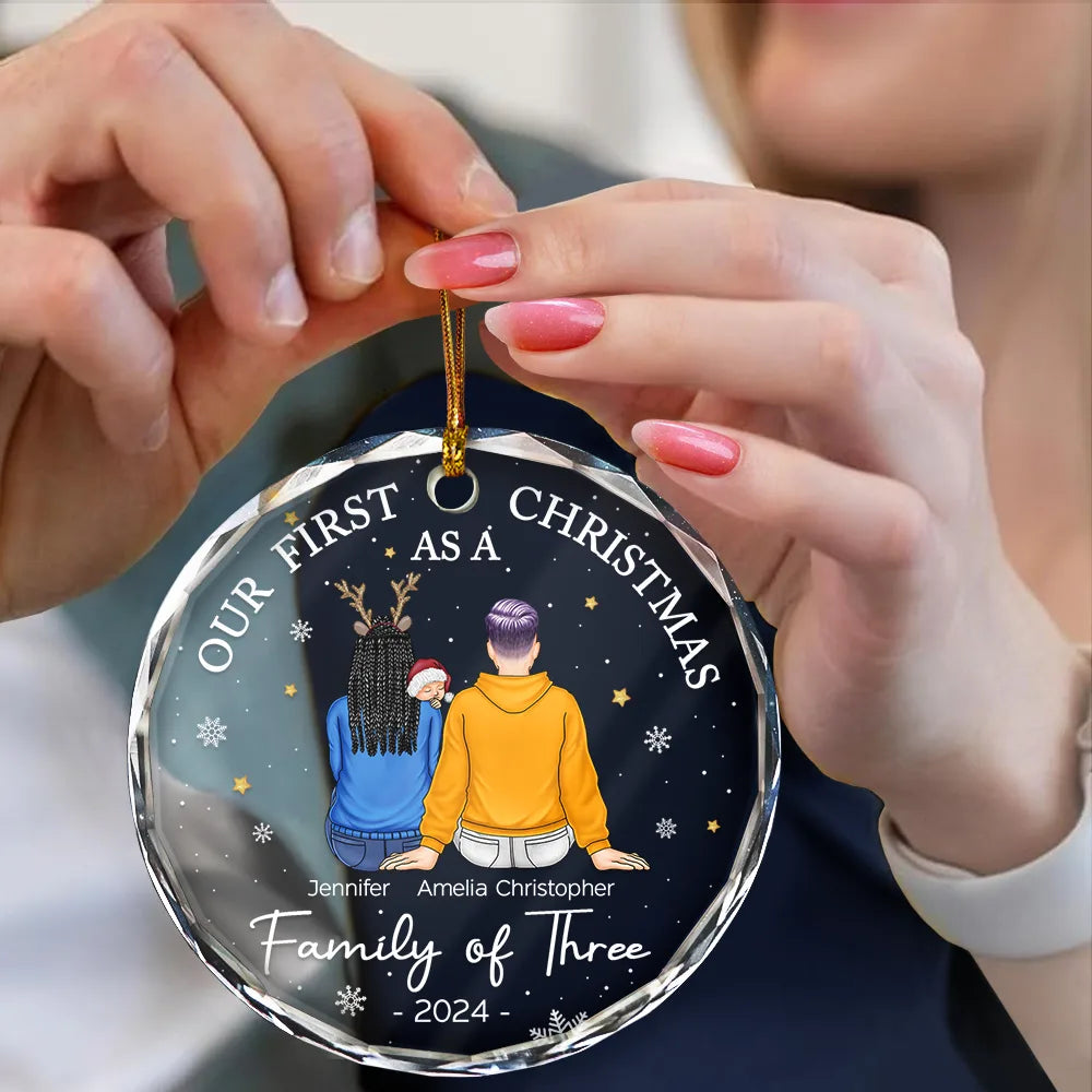 Family, Parents, New Baby - First Christmas As A Family Of Three New Parents - Personalized Circle Glass Ornament