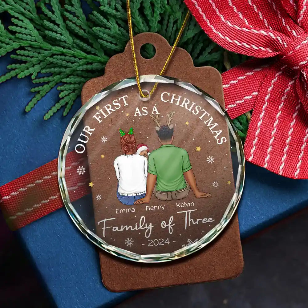 Family, Parents, New Baby - First Christmas As A Family Of Three New Parents - Personalized Circle Glass Ornament