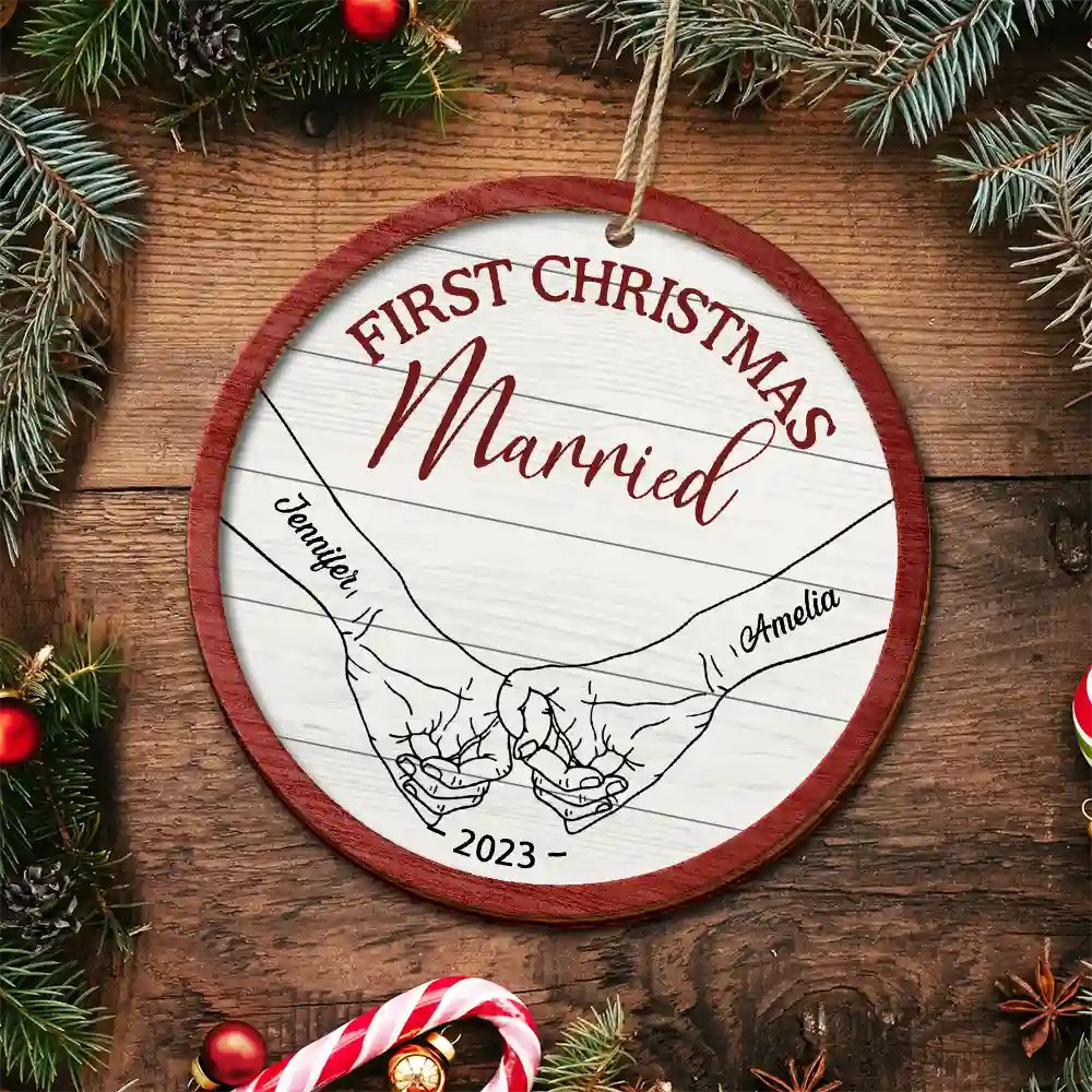 Gift For Couples - First Christmas As Mr & Mrs Couple Holding Hands - Personalized 2-Layered Wooden Ornament