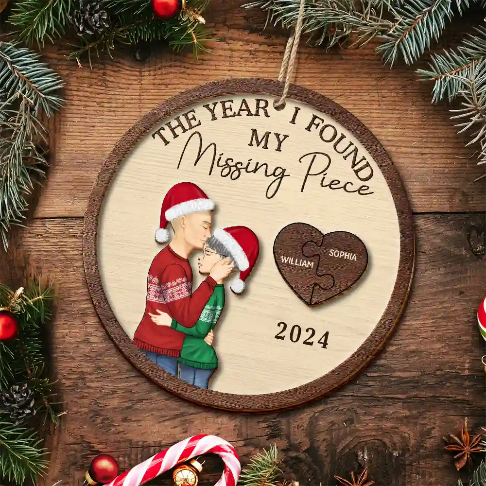 Gift For Couples - The Year I Found My Missing Piece Hugging Couple - Personalized 2-Layered Wooden Ornament