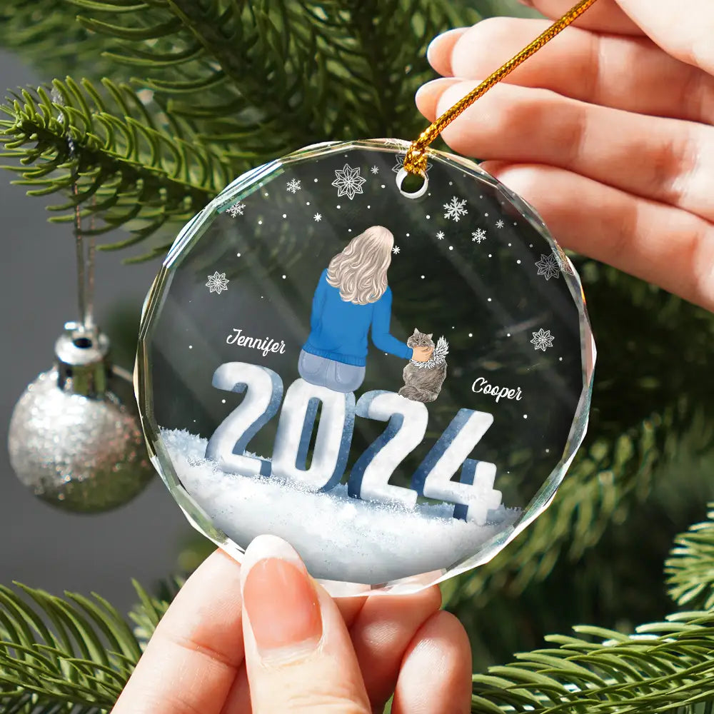 Gift For Couples, Dog Lovers, Cat Lovers, Pet Lovers, Pet Couple - 2024 Christmas Couple Dog Cat - Personalized Circle Glass Ornament