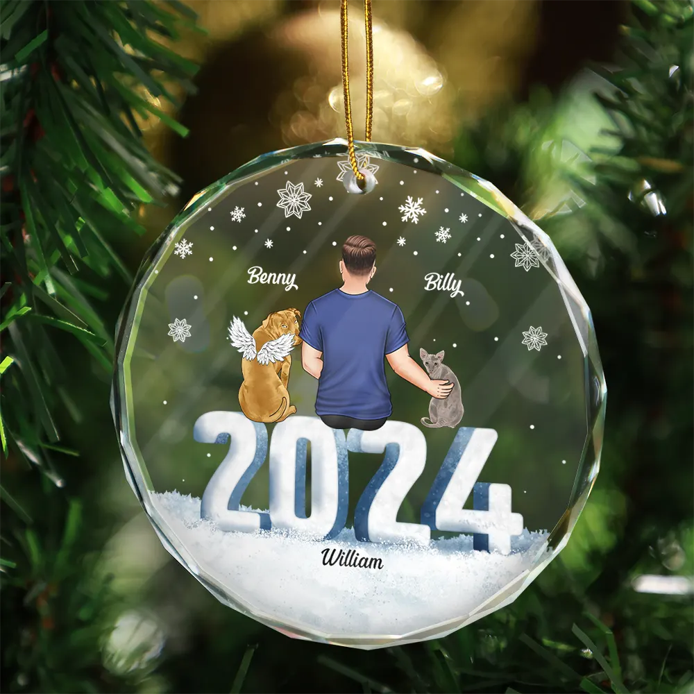 Gift For Couples, Dog Lovers, Cat Lovers, Pet Lovers, Pet Couple - 2024 Christmas Couple Dog Cat - Personalized Circle Glass Ornament