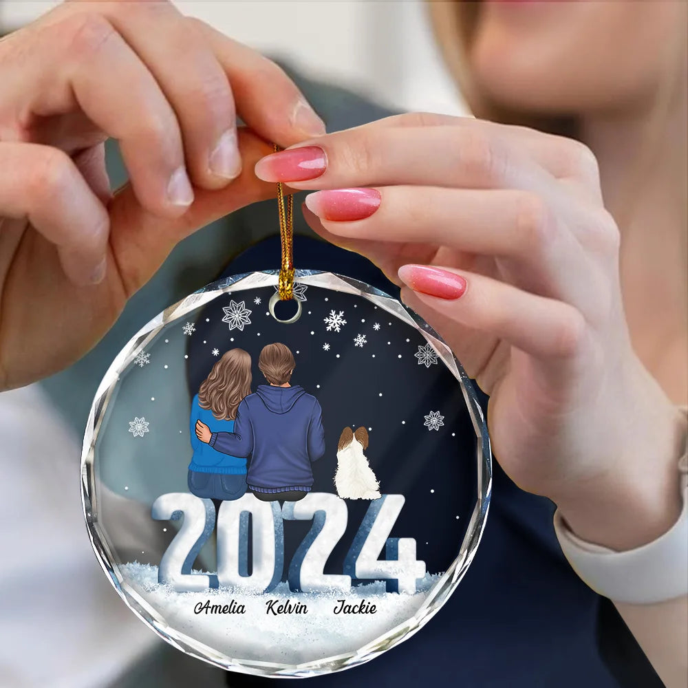 Gift For Couples, Dog Lovers, Cat Lovers, Pet Lovers, Pet Couple - 2024 Christmas Couple Dog Cat - Personalized Circle Glass Ornament