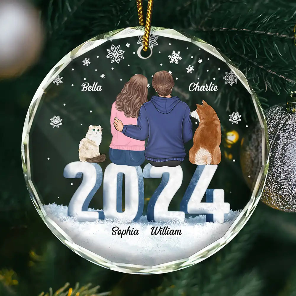 Gift For Couples, Dog Lovers, Cat Lovers, Pet Lovers, Pet Couple - 2024 Christmas Couple Dog Cat - Personalized Circle Glass Ornament