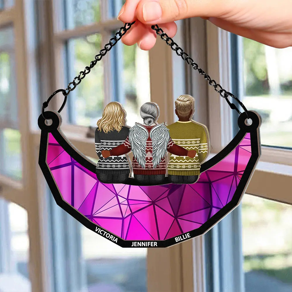 Family - Memorial Family Sitting On The Moon - Personalized Window Hanging Suncatcher Ornament