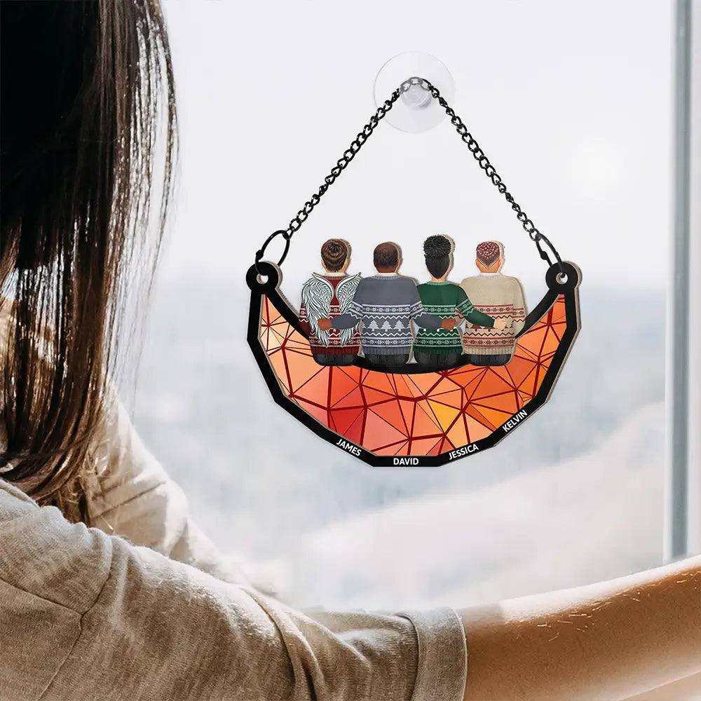 Family - Memorial Family Sitting On The Moon - Personalized Window Hanging Suncatcher Ornament